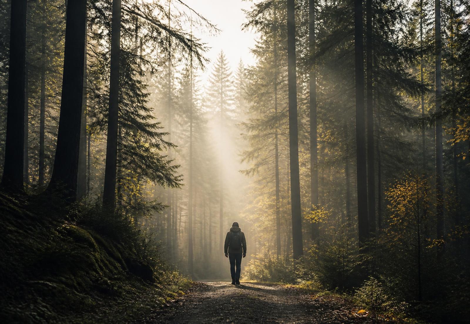 A person walking a quiet forest path in morning light