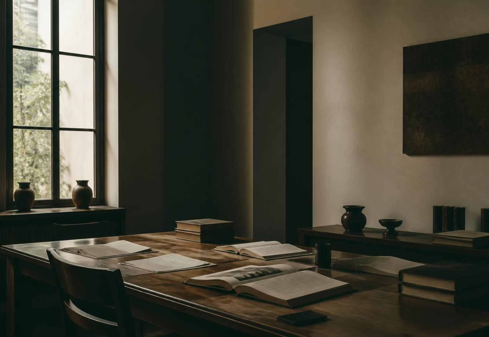 Research reading room with books and soft daylight